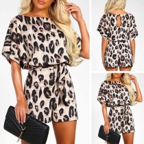 Fashion Short Sleeve Round Neck Leopard Printed Romper(The size runs small)