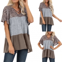 Fashion Leopard Spliced Short Sleeve V-neck Contrast Color Top