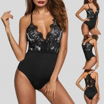 Sexy Backless V-neck Lace Spliced Sling Bodysuit