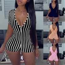 Sexy Deep V-neck Short Sleeve Slim Fit Striped Romper