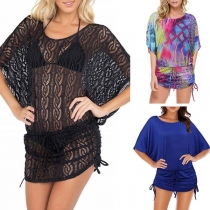 Fashion Dolman Sleeve Round Neck Side-drawstring Hem Dress