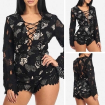 Sexy Lace-up Deep V-neck Lace Spliced Long Sleeve Slim Fit Romper