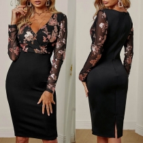 Sexy Sequin Gauze Spliced Long Sleeve V-neck Slim Fit Dress