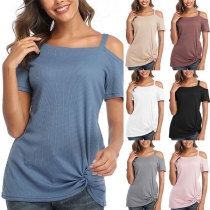 Sexy Oblique Shoulder Short Sleeve Twisted Hem Solid Color T-shirt