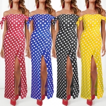 Sexy Off-shoulder Boat Neck Slit Hem Dots Printed Dress