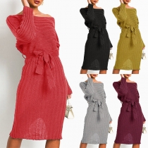 Fashion Solid Color Long Sleeve Boat Neck Slim Fit Knit Dress