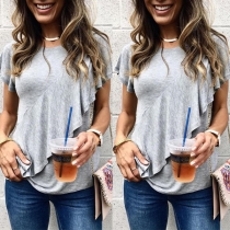 Fashion Solid Color Short Sleeve Round Neck Ruffle T-shirt