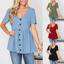 Fashion Solid Color Short Sleeve V-neck Front-button Top