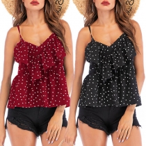 Sexy Backless V-neck Dots Printed Ruffle Cami Top