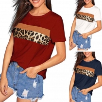 Fashion Leopard Printed Short Sleeve Round Neck Contrast Color T-shirt