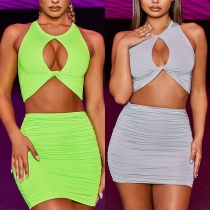 Sexy Hollow Out Sleeveless Crop Top + Skirt Two-piece Set