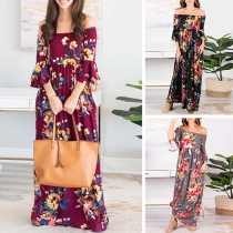 Sexy Off-shoulder Boat Neck Trumpet Sleeve Printed Maxi Dress