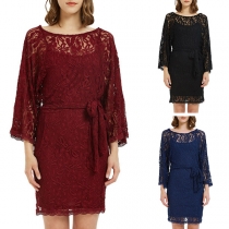 Sexy Lace Spliced Trumpet Sleeve Round Neck Slim Fit Dress