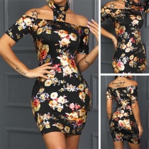 Sexy Off-shoulder Short Sleeve Slim Fit Printed Halter Dress