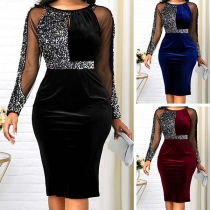 Sexy See-through Gauze Spliced Long Sleeve Round Neck Tight Dress