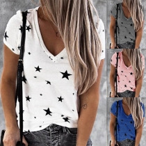 Fashion Short Sleeve V-neck Star Printed T-shirt