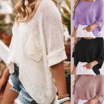 Fashion Solid Color 3/4 Sleeve V-neck Loose Knit Top