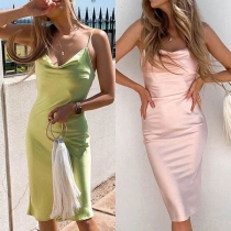 Sexy Backless V-neck Solid Color Slim Fit Sling Dress