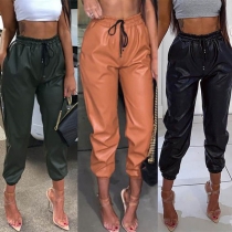 Fashion SOlid Color Elastic Waist PU Leather Pants