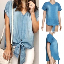Fashion Short Sleeve V-neck Knotted Hem Denim Top