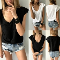 Casual Style Short Sleeve V-neck Solid Color T-shirt