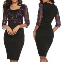Elegant Embroidered Lace Spliced 3/4 Sleeve Square Collar Dress
