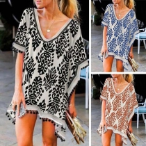 Chic Style Short Sleeve V-neck Tassel Spliced Printed Smock