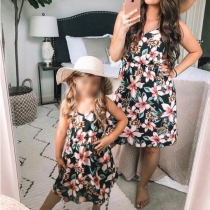 Fashion V-neck Printed Sling Parent-child Dress