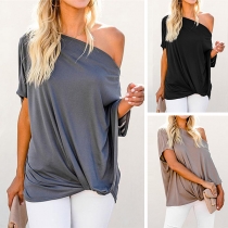 Sexy Oblique Shoulder Short Sleeve Twisted Hem Solid Color Top