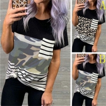 Fashion Stripe Camouflage Spliced Short Sleeve Round Neck T-shirt