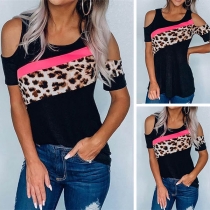 Sexy Off-shoulder Short Sleeve Round Neck Leopard Spliced T-shirt