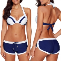Sexy Contrast Color Lace-up Halter Bikini Set