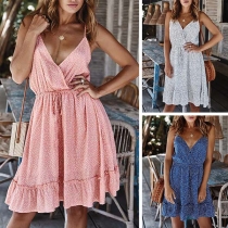 Sexy Backless V-neck Ruffle Hem Sling Printed Dress