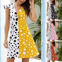 Fashion Cap Sleeve V-neck Contrast Color Dots Printed Dress