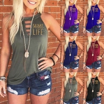 Fashion Hollow  Out Letters Printed Round Neck Tank Top