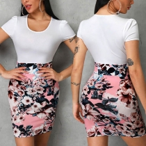 Fashion Short Sleeve Round Neck Printed Spliced Slim Fit Dress