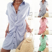 Fashion Short Sleeve POLO Collar Twisted Striped Dress