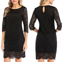 Elegant Solid Color 3/4 Sleeve Round Neck Slim Fit Lace Dress