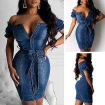 Sexy Off-shoulder Boat Neck Short Sleeve Slim Fit Denim Dress