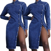 Retro Style Long Sleeve Stand Collar Single-breasted Denim Dress