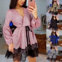 Sexy V-neck Lace Spliced Hem Long Sleeve Dress