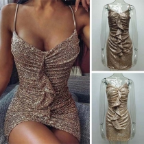 Sexy Backless Slim Fit Ruffle Sling Sequin Dress