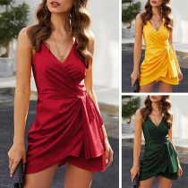 Sexy Backless V-neck Irregular Hem Solid Color Sling Dress