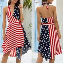 Sexy Backless V-neck Irregular Hem Printed Halter Dress