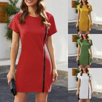 Fashion Solid Color Short Sleeve Round Neck Side-zipper Dress