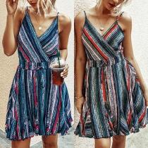 Sexy Backless V-neck High Waist Striped Sling Dress