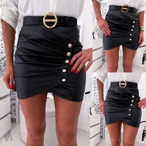 Fashion High Waist Front-button PU Leather Skirt(Without belt)
