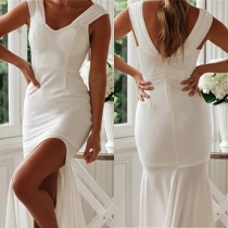 Sexy Backless Slit Hem Sleeveless Solid Color Party Dress