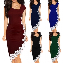 Sexy Lace Spliced Irregular Hem Oblique V-neck Slim Fit Dress