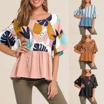 Fashion Printed Spliced Short Sleeve Round Neck Loose Top